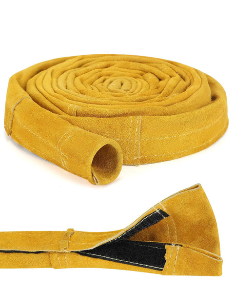 Coiled leather welding cable sleeve with adjustable velcro closure, 3.6M durable shield, heat resistant for MIG plasma cables.