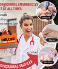 Woman holding 380 Piece Deluxe First Aid Kit With Bandages Gauze Rolls Instant Cold Packs And Emergency Blanket Compact Orange Kit