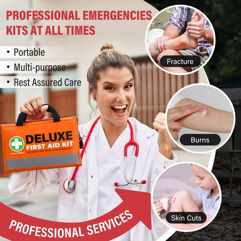 Woman holding 380 Piece Deluxe First Aid Kit With Bandages Gauze Rolls Instant Cold Packs And Emergency Blanket Compact Orange Kit