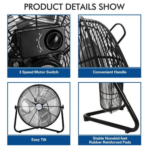 Built Tough 20 Inch Heavy Duty Floor Fan With Three Speed Settings Delivers 3900 To 4650 CFM Of High Velocity Airflow, product features