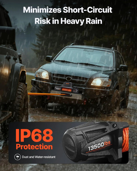 Heavy Duty 13500 Lbs Electric Winch For Off Road Recovery 12V DC Vehicle Winch With 3/8 In X 92 Ft Synthetic Rope on SUV in rain