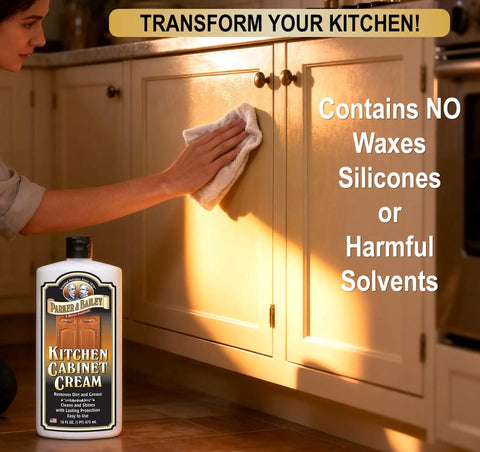 Person using Kitchen Cabinet Creme Cleaner And Grease Remover For Wood Surfaces, No Fuss 16 Oz Restores Finish And Removes Grease Stains