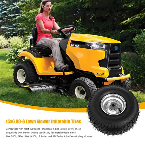 Woman riding a lawn mower with Heavy Duty Replacement 15x6.00-6 Lawn Mower Tires 2 Pack With Rubber Wheel And Bearing Bore 3/4 Inch.