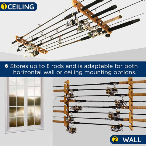 Horizontal Ceiling Rod Holder For Eight Rods Wall Mounted Fishing Reel And Gear Storage Rack Garage Organization Solution Stores Eight Rod And Reel Combos Keeps Reels Gear And Accessories Neat And Ready mounted on ceiling and wall holding rods.