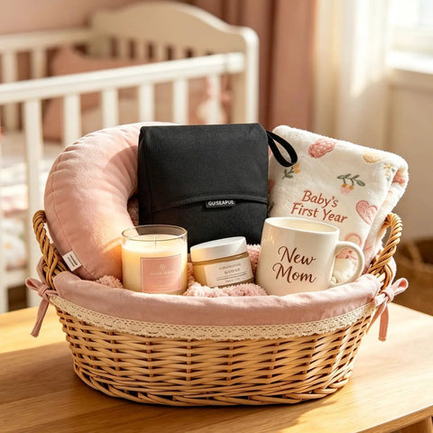 Wicker basket in nursery with pink cushion, candle, black pouch, mug labeled 'New Mom,' and baby blanket.