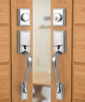 Heavy Duty Front Door Handle Set With Double Door Lock Satin Nickel Finish Includes Dummy Single Cylinder Deadbolt Lever Handle Reversible