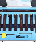 Accusize 3/4 in shank 9-piece indexable turning and boring tool set with TiN-coated C6 inserts in blue foam case.