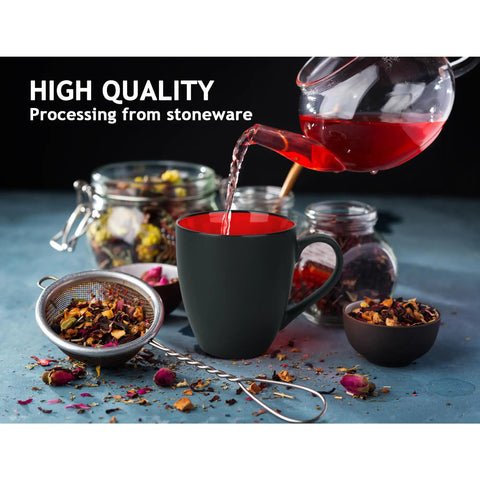 Set Of Six Ceramic Coffee Mugs 12 Oz For Home And Office Modern Matte Black Exterior With Bright Interior Large Cups For Coffee Tea Cappuccino And More For Your Daily Grind Le Papillon Collection with tea being poured into one shown with ingredients.