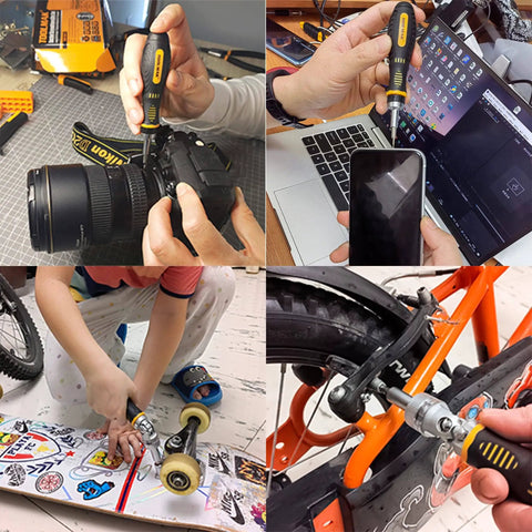 Ratcheting Screwdriver And Socket Set With Precision Bit Kit Rotatable Ratchet Handles And Storage Case Ultimate Diy Household Repair Kit For Bikes Watches Glasses And Phones used on camera, phone, skateboard, and bike.
