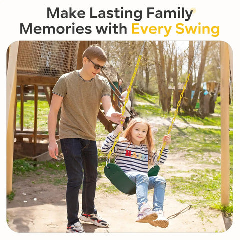 Two Pack Outdoor Swing Seats With 66 Inch Rust Resistant Heavy Duty Chains For Backyard Playground Replacement Anti Slip EVA Seats Supports Up To 330 Lb For Kids And Adults Green with father and daughter using one swing