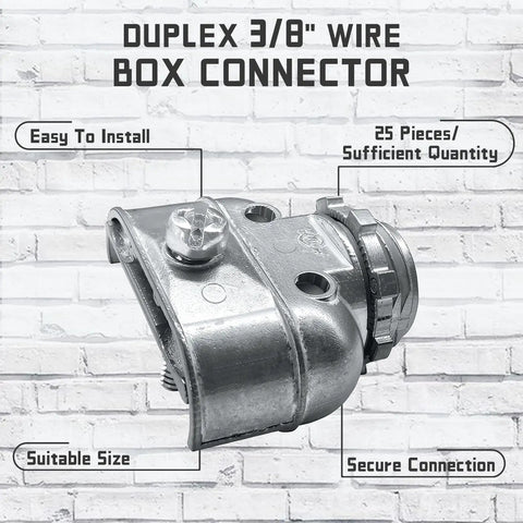 Duplex 3/8 In Wire Box Connector Set for Flex AC MC NM Cables, 25 Piece Heavy Duty Zinc Die Cast, Screw Clamp Fitting