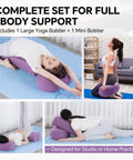 Two Piece Yoga Bolster Set With Rectangular Back Support And Crescent Neck Cushions, Measuring 25.6x9.8x6 And 16.9x10.6x5.5 Inches, Perfect For Yin, Restorative, And Deep Stretch Sessions, Moisture Resistant And Plush Cushions For Everyday Comfort. woman using purple yoga bolster set for back and neck support