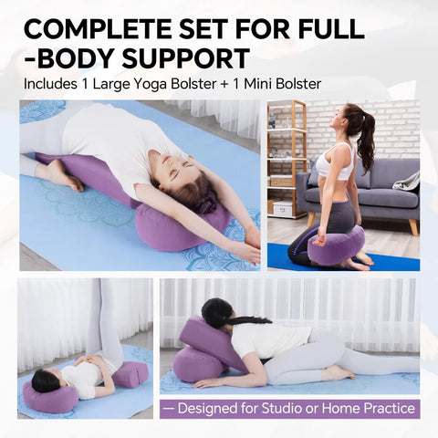 Two Piece Yoga Bolster Set With Rectangular Back Support And Crescent Neck Cushions, Measuring 25.6x9.8x6 And 16.9x10.6x5.5 Inches, Perfect For Yin, Restorative, And Deep Stretch Sessions, Moisture Resistant And Plush Cushions For Everyday Comfort. woman using purple yoga bolster set for back and neck support