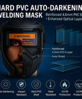 Welding helmet with reinforced hard PVC shell, auto darkening, UV/IR protection, showing inner shield and optical layers