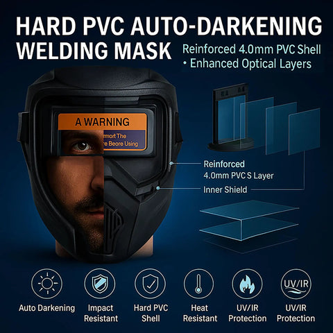 Welding helmet with reinforced hard PVC shell, auto darkening, UV/IR protection, showing inner shield and optical layers