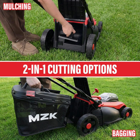 Person adjusting mulching and bagging options on 40V 16-Inch Brushless Cordless Walk-Behind Lawn Mower With 2-In-1 Mulching And Side Discharge
