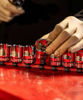 Three Eighth Inch Drive Weatherhead Socket Master Set 13 Piece SAE Sockets for Weatherhead Fittings neatly stored on rail