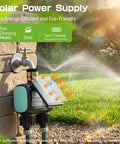 Two Zone Solar Water Timer For Garden Hose With Auto Manual Rain Delay Modes, set on a stone wall near grass, solar panel visible