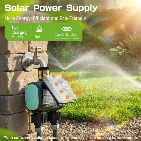 Two Zone Solar Water Timer For Garden Hose With Auto Manual Rain Delay Modes, set on a stone wall near grass, solar panel visible
