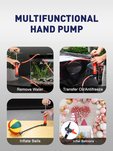 SMART JERRY orange hand pump for fluid transfer, water removal, oil/antifreeze transfer, and inflating balloons