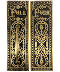 Push And Pull Victorian Door Set With Embossed Brass Design In Highlighted Bronze Finish For An Elegant Manor Entry Complete With Screws Durable Solid Construction With Timeless Art Deco Embossing For Classic Home Vibes Or Historic Renovations. 10 in x 3 1/4 in solid brass push and pull door plates