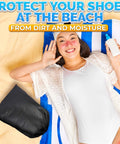 Smiling woman on beach with 10 Pack Non Mesh Solid Travel Shoe Bags Set Waterproof Drawstring Sneaker Storage Organizer 11.8 by 15.75 inches