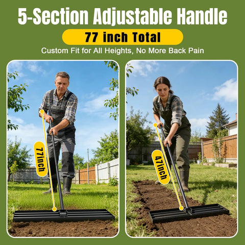 Wide 30 Inch Lawn Leveling Rake With Adjustable 47 To 77 Inch Telescoping Handle used by people leveling lawn