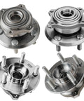AWD Front And Rear Wheel Hub Bearings Replacement Kit For Chrysler 300 Magnum Charger Ready To Install 4 Piece Set Includes 2 Front Hubs And 2 Rear Hubs 5 Bolt Lugs Non ABS 4 Bolt Flange, showing all four bearings and bolt configurations.