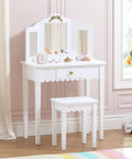 Kids Vanity Table Set With Gold Bow for Little Girls, white wood makeup desk in room, three mirrors, safe non toxic finish