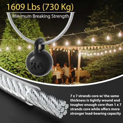Three Sixteenth Inch Wire Rope Tensioner Kit With 100 Foot PVC Coated Steel Cable 7x7 Strand showing breaking strength
