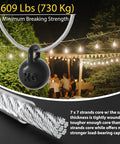 Three Sixteenth Inch Wire Rope Clips Kit With One Hundred Feet PVC Coated Galvanized Steel Cable Featuring Seven By Seven Strand Core displayed with lights.