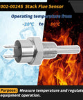 42002-0024S stack flue sensor with temperature range, part of All-In-One Pool Heater Repair Kit With Switch, Stack Flue Sensor, And Thermistor.
