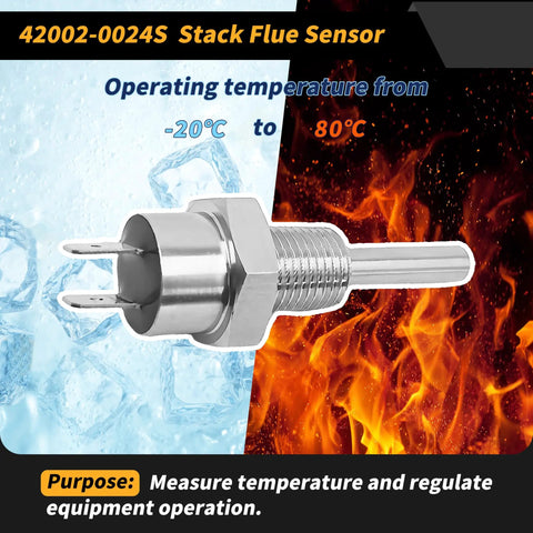 42002-0024S stack flue sensor with temperature range, part of All-In-One Pool Heater Repair Kit With Switch, Stack Flue Sensor, And Thermistor.