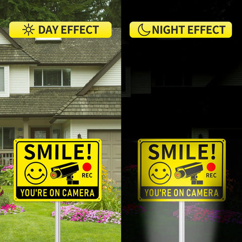 Smile You're On Camera Signs Two Pack Outdoor Video Surveillance Warning Signs 10x7 Rust Free Aluminum UV Printed Weatherproof Security Sign For Home Business Fence Driveway CCTV - day and night effect shown