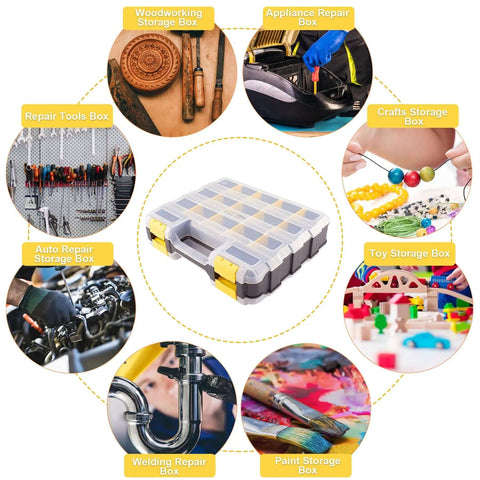 Double Sided 34 Compartment Hardware Organizer Box With Removable Dividers Transparent Durable Plastic Case For Nuts Bolts Screws Nails And Small Hardware Yellow shown in various use settings.