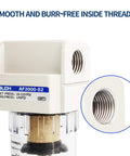 One Quarter Inch NPT Shop-Ready Air Line Dryer For Compressor With 5 Micron Brass Filter, close-up of smooth threads
