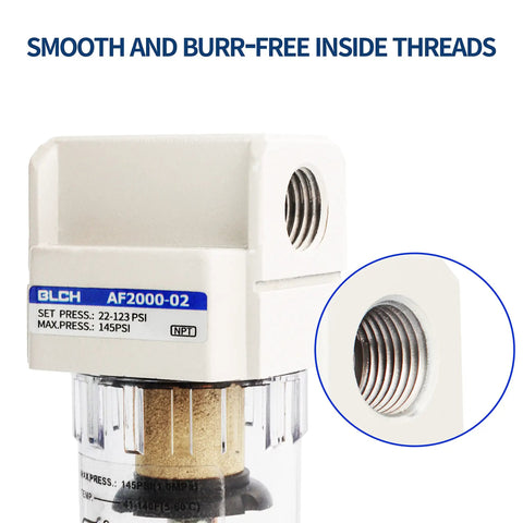 One Quarter Inch NPT Shop-Ready Air Line Dryer For Compressor With 5 Micron Brass Filter, close-up of smooth threads