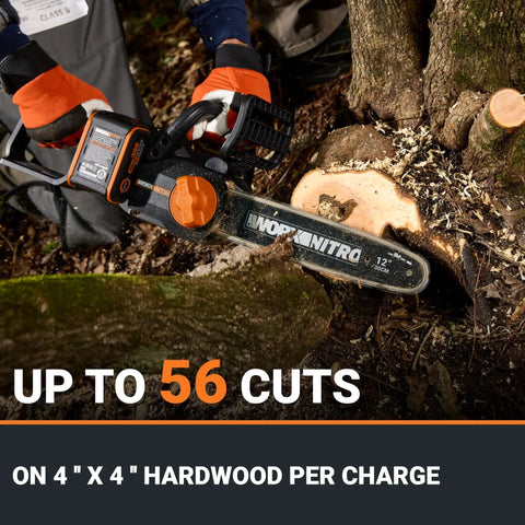 Person using Nitro 20V 12-Inch Cordless Brushless Chainsaw With 4.0Ah Battery And Charger Included WG350 to cut hardwood