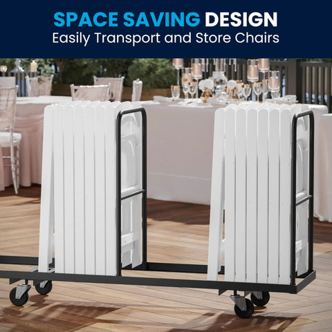 Hercules Series White Padded Folding Chair Set Of 4 on wheeled cart, ideal for weddings, parties, conferences, and home gatherings