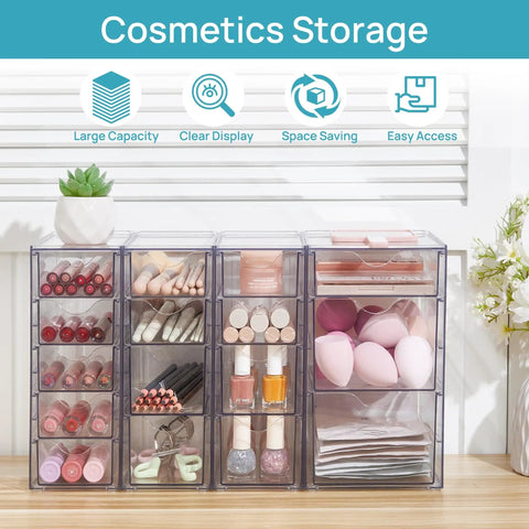 Crystal Clear 16 Drawer Acrylic Organizer Set For Office Supplies, Makeup, Jewelry And Craft Storage displayed with cosmetics
