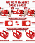 Job Site Ready Door Hinge Jig Kit And Lock Installation Template With Tough Hard Shell Storage Case showing usage instructions for various backsets.