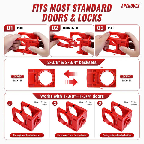 Job Site Ready Door Hinge Jig Kit And Lock Installation Template With Tough Hard Shell Storage Case showing usage instructions for various backsets.