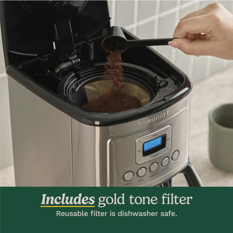 Adding coffee grounds to 12 Cup Programmable Coffee Maker With PerfecTemp Thermal Carafe, stainless steel finish, close-up view