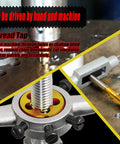M14 X 1.5 Metric Tap And Die Set Right Hand With M2 HSS tap used on metal plate for precise threads, durable construction.