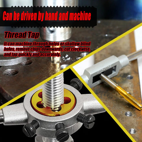 M14 X 1.5 Metric Tap And Die Set Right Hand With M2 HSS tap used on metal plate for precise threads, durable construction.