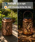 Hummingbird Solar Lanterns for Outdoor Garden Decor with gold copper finish, illuminated at night, IP45 weatherproof.