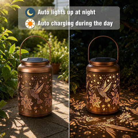 Hummingbird Solar Lanterns for Outdoor Garden Decor with gold copper finish, illuminated at night, IP45 weatherproof.