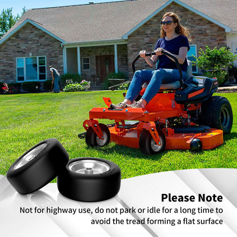 Woman on mower with Flat Free 11x4-5 Lawn Mower Front Tires for Zero Turn Mowers, solid tire 2 pack, gray, 350 pound capacity