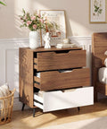 Knockout Rustic Farmhouse Three Drawer Dresser in brown and white, showcasing smooth gliding drawers, perfect for bedroom storage.