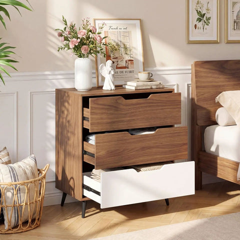 Knockout Rustic Farmhouse Three Drawer Dresser in brown and white, showcasing smooth gliding drawers, perfect for bedroom storage.